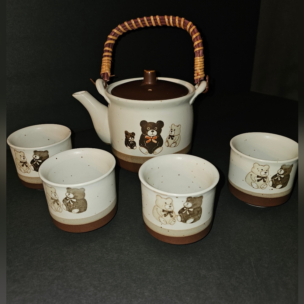 Vintage Otagiri Teapot Teddy Bear Brown Speckled Stoneware Rattan Handle 4 cups